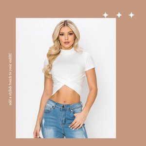 🍑New Heart & Hips Women Front Twist Tee Soft White Mock Neck Casual Look